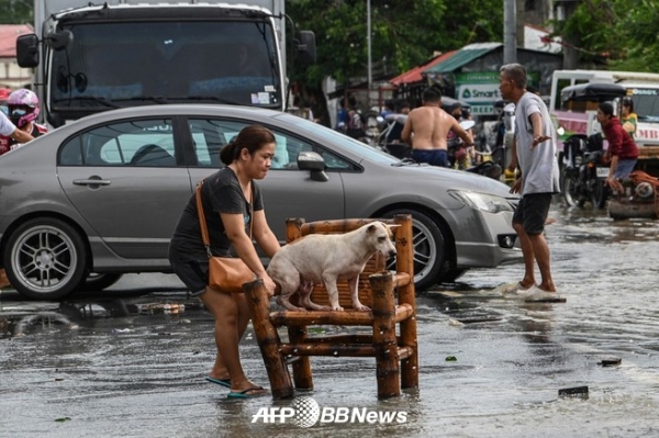 태풍 16호가 통과한 후 필리핀 브라칸주 산일 데폰소에서 개와 피난하는 사람(2022년 9월 26일 촬영).ⓒAFPBBNews